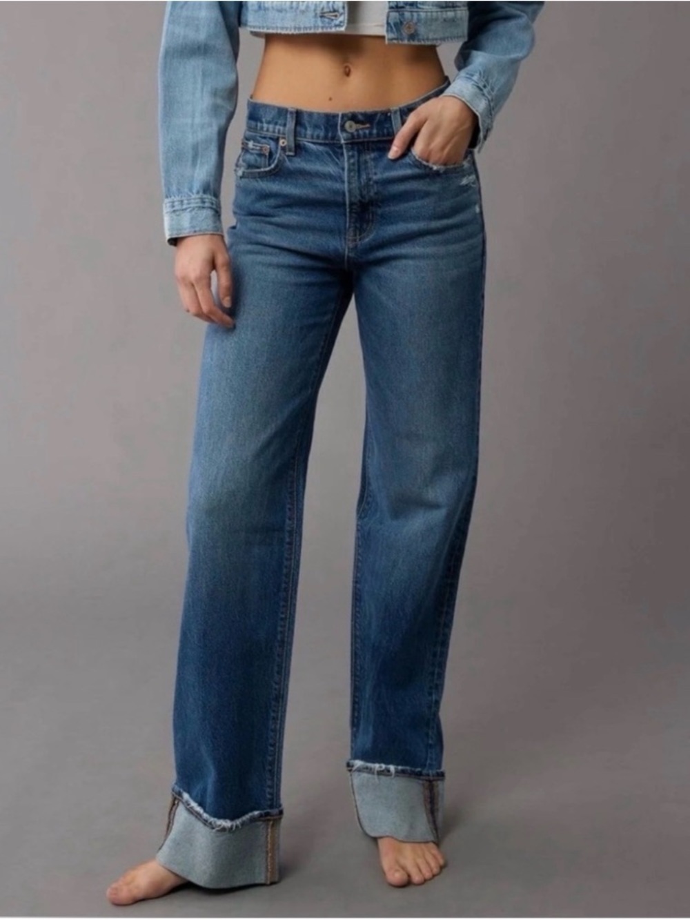 AMERICAN EAGLE Stovepipe Wide Leg Distressed Denim Sz 10 Long - Picture 2 of 10
